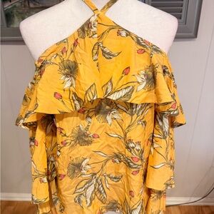 Express Yellow Floral Halter Top with Ruffle Trim